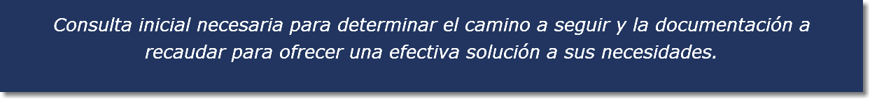 Consulta inicial necesaria para determinar el camino a seguir y la documentación a recaudar para ofrecer una efectiva solución a sus necesidades. 